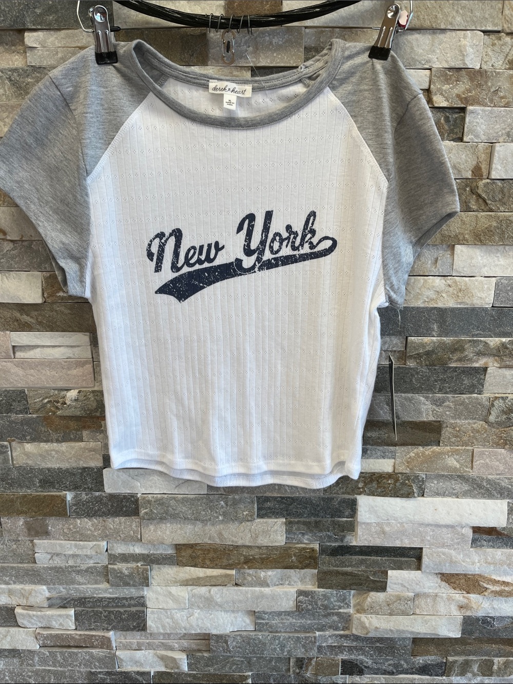 Derek Heart White Eyelet Rib Knit Top with Gray Trim